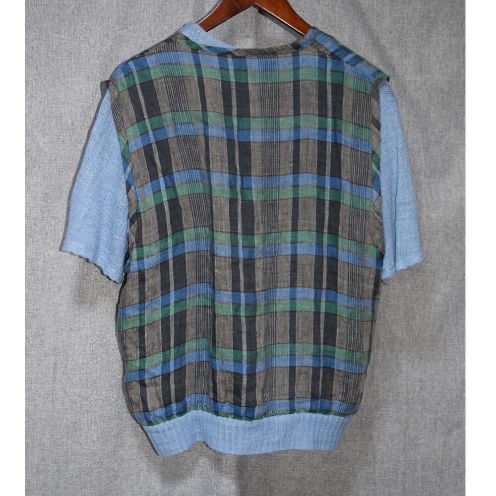 Ogetti Italy Mixed Media Plaid & Knit Short-Sleeve Top Blue Green Gray – Size 46 - Picture 4 of 4